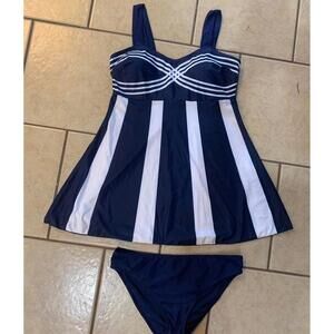 Navy blue & White Striped Tankini Top Bikini bottoms Bathing Suit XXL